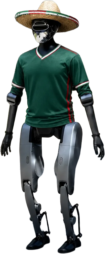 Robotzin, un robot humanoide con sombrero y la camiseta de México